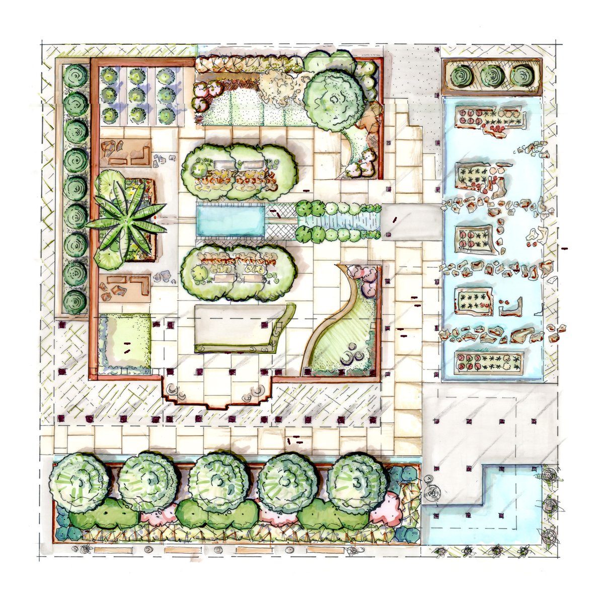 Hand-rendered planting plan in coloured pencil and marker, with a courtyard pool, lawns and tree canopies