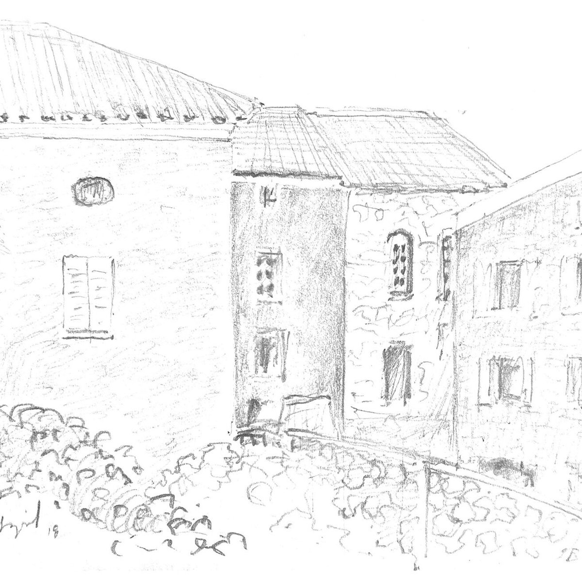 Pencil sketch of stone houses and a low wall in Corsica