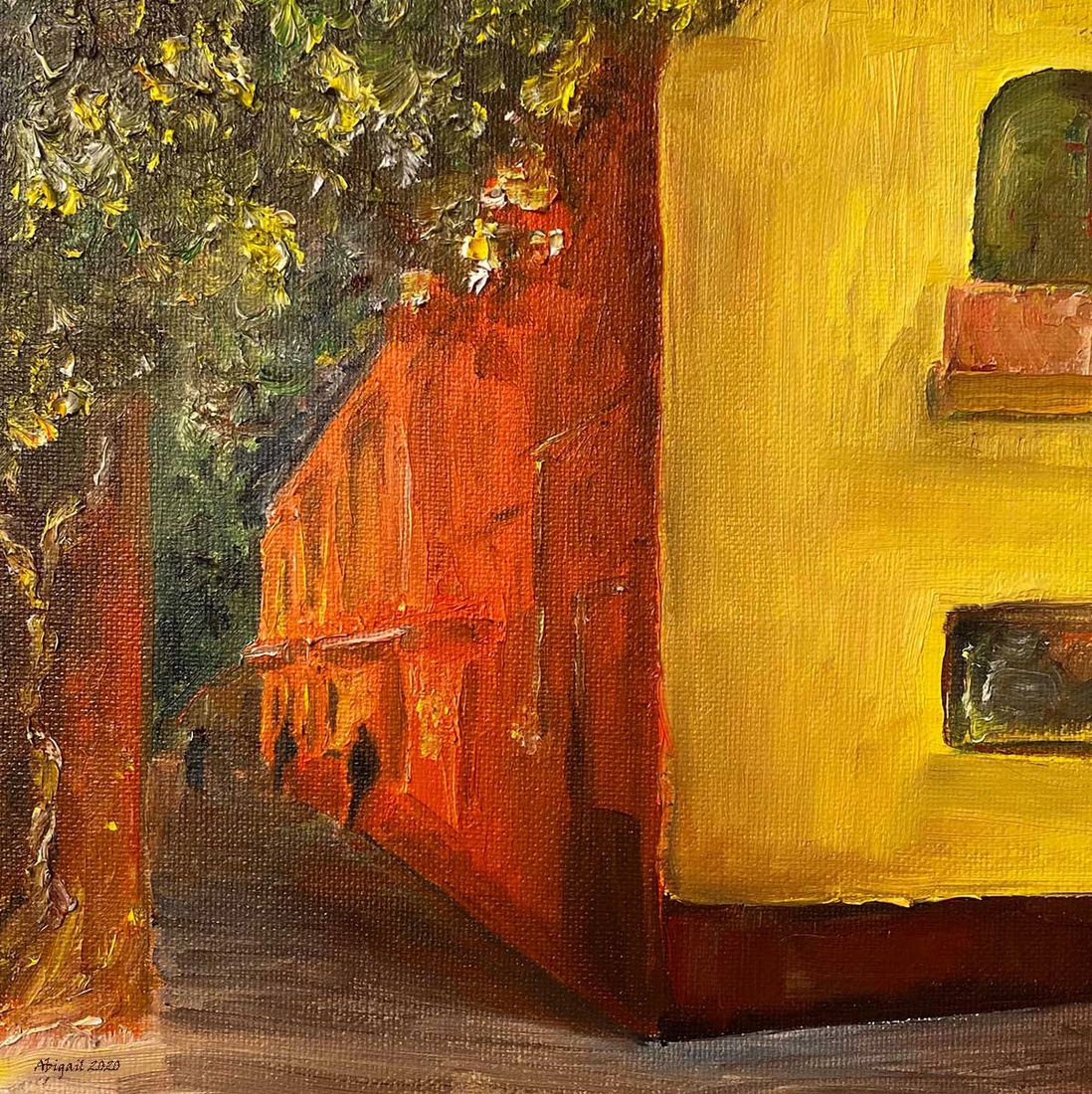 Oil painting of a yellow and red-orange building corner on a tree-lined street in Coyoacán