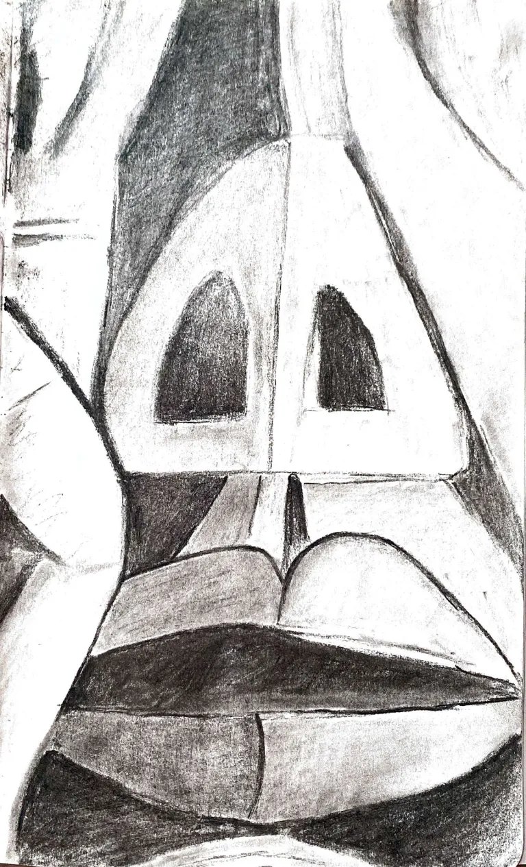 Charcoal drawing of a stylised face
