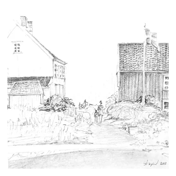 Pencil drawing of timber houses and a flagpole