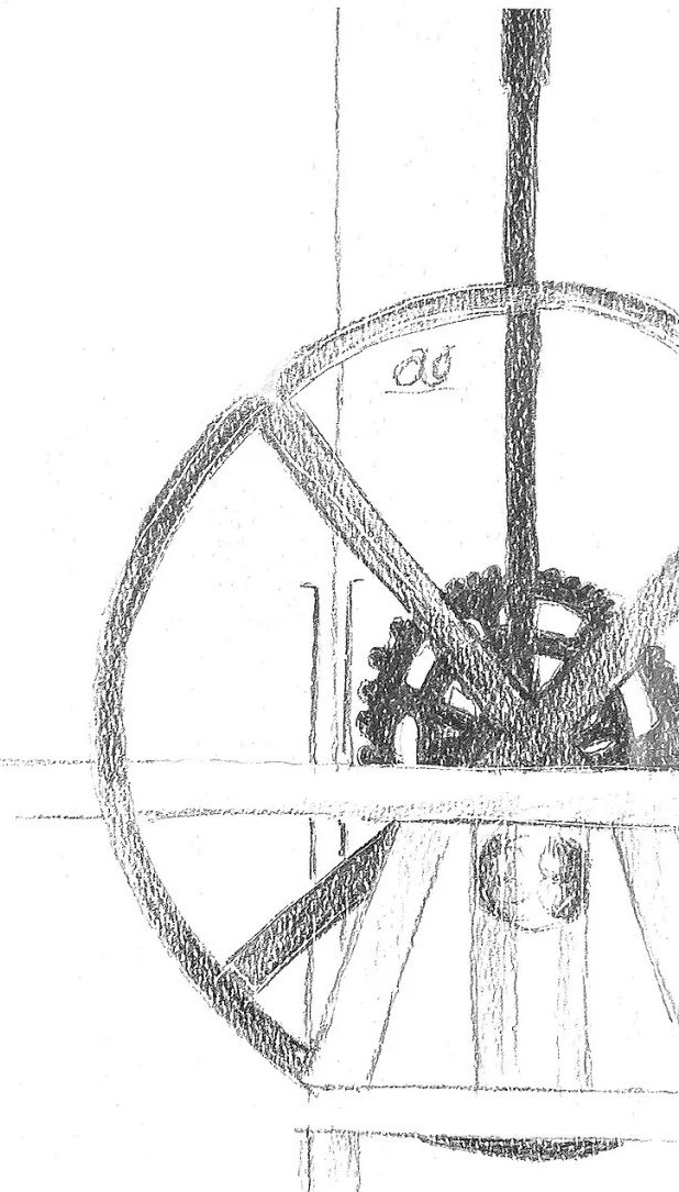 Pencil drawing of a mill wheel on the Akerselva