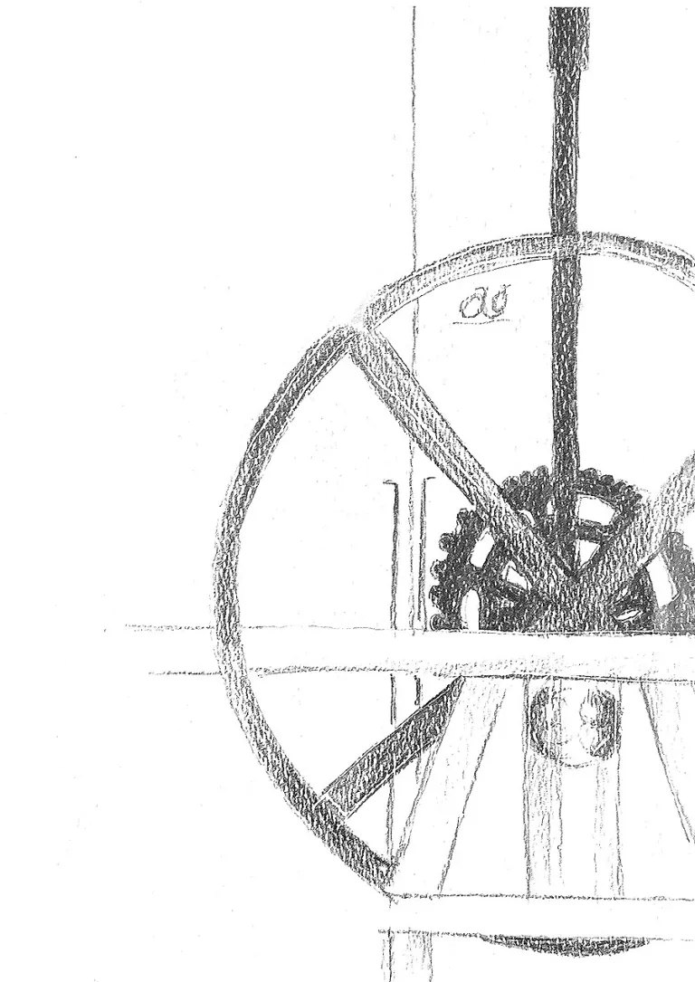 Pencil drawing of a mill wheel on the Akerselva