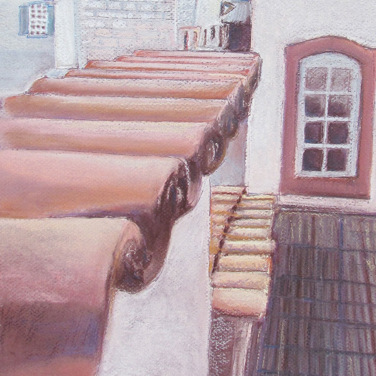Pastel drawing of terracotta rooflines and a window in Ouro Preto
