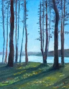 Oil painting of pine trunks against a blue lake