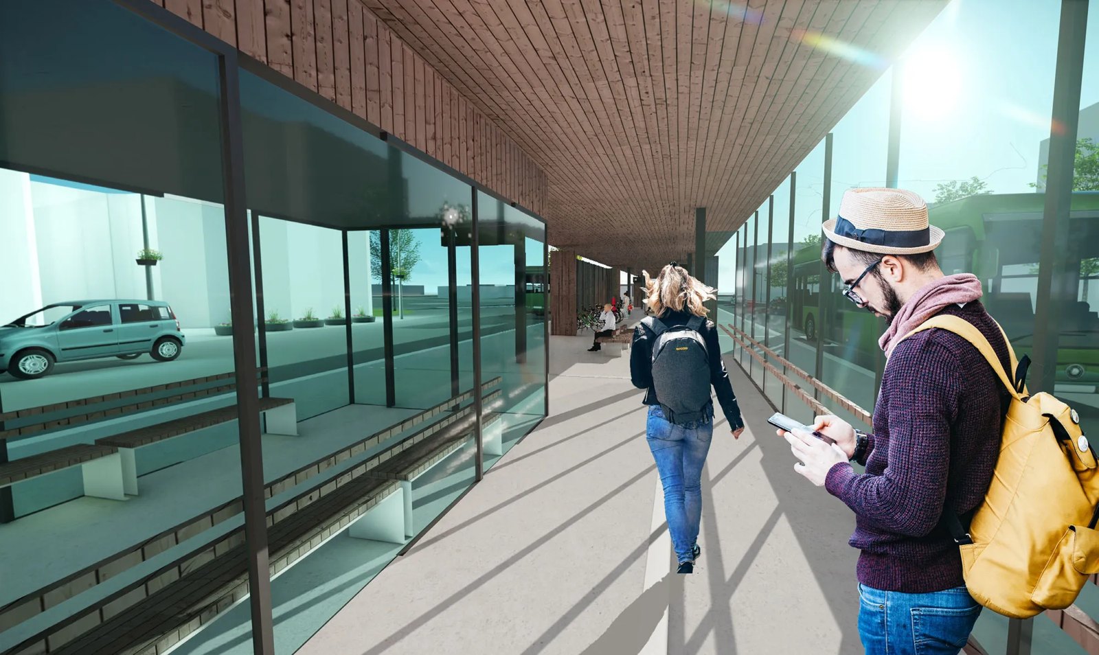 Rendering of the bus station shelter with passengers
