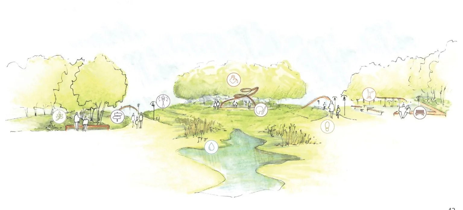 Watercolour of a green edge with low houses
