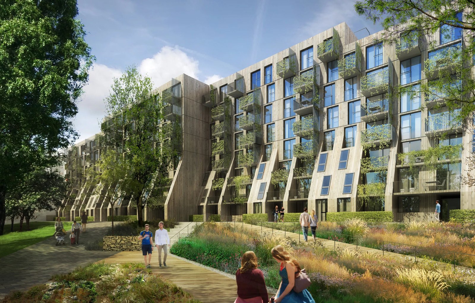 Rendering of an apartment court with a meadow and people