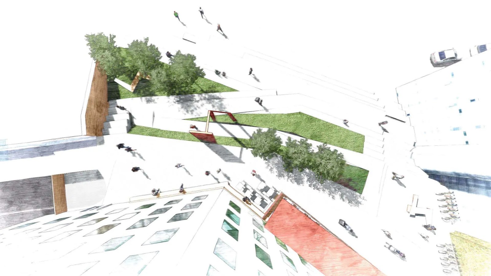 Rendering of the plaza from above with planting beds