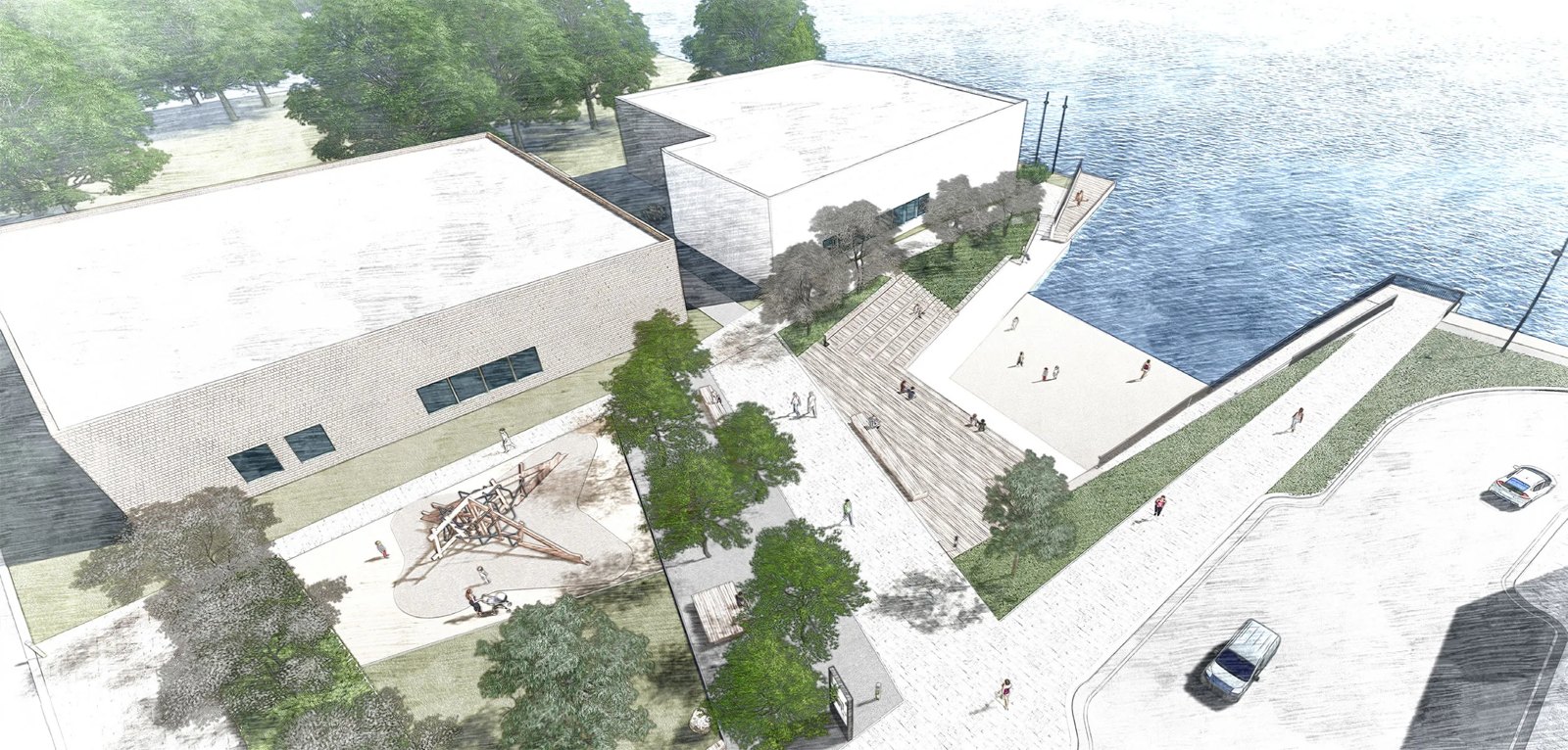 Rendering of a square between new buildings by the water