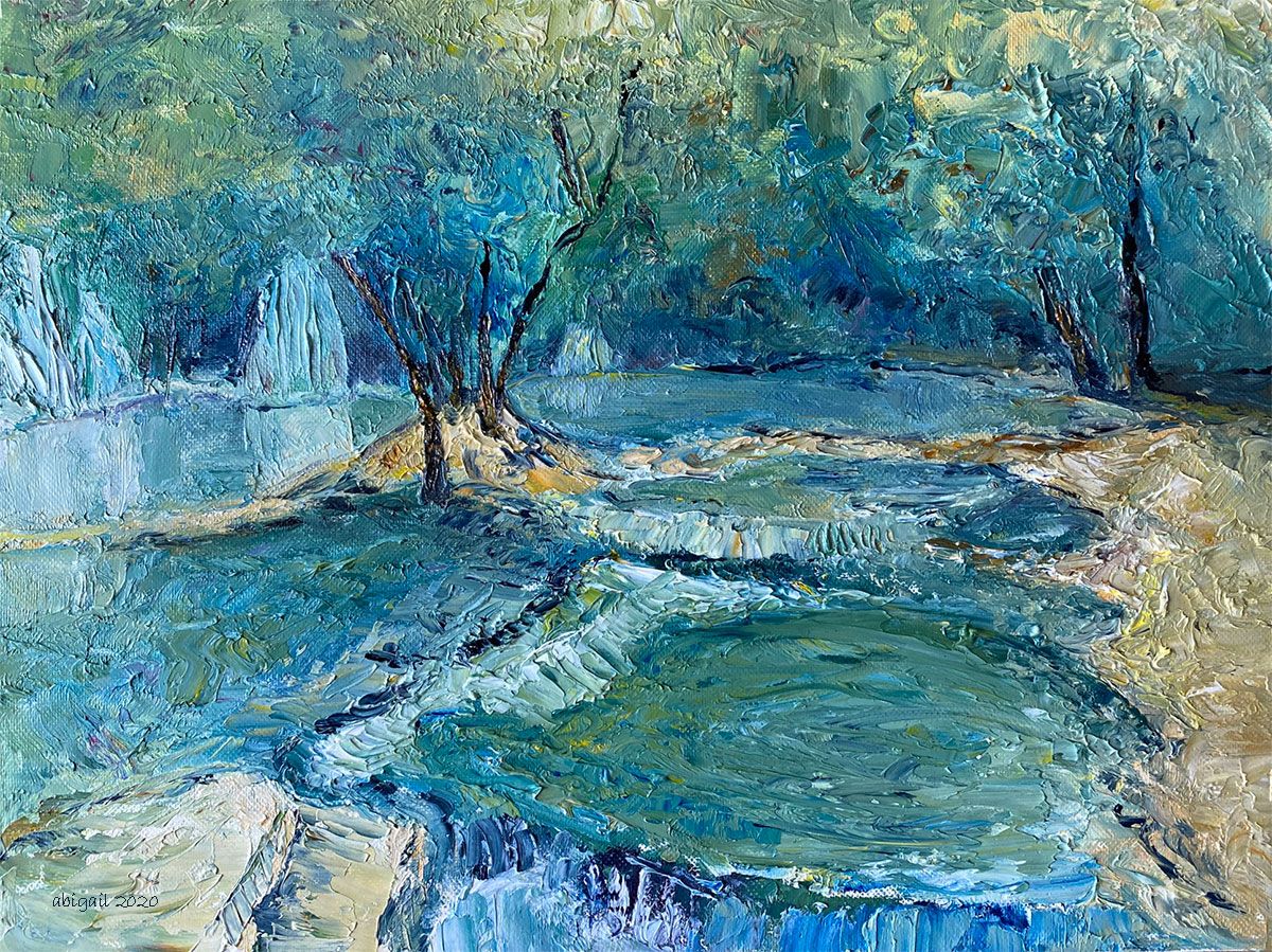 Oil painting of a blue-green stream and pools beneath trees