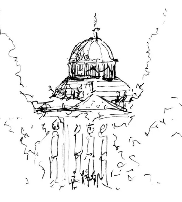 Ink sketch of a domed building seen through trees