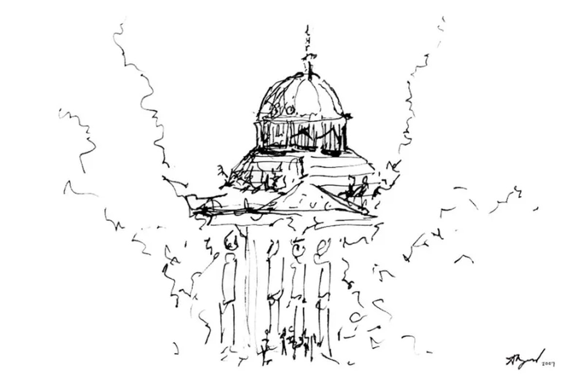 Ink sketch of a domed building seen through trees