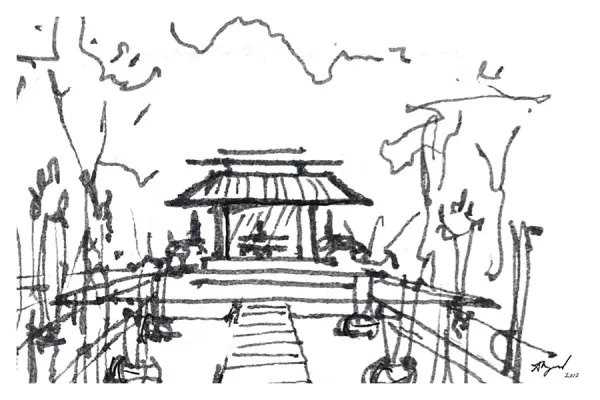 Ink sketch of a garden pavilion in Bangkok