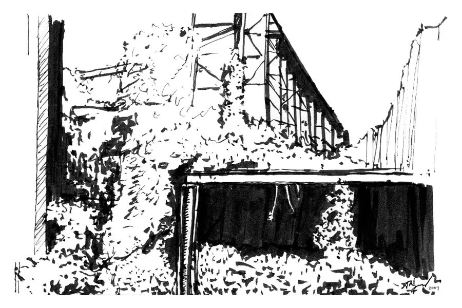 Ink sketch of an overgrown industrial structure in Duisburg