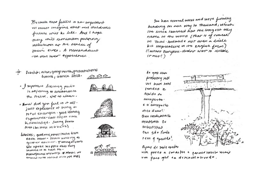 Sketchbook spread with a facade study and notes