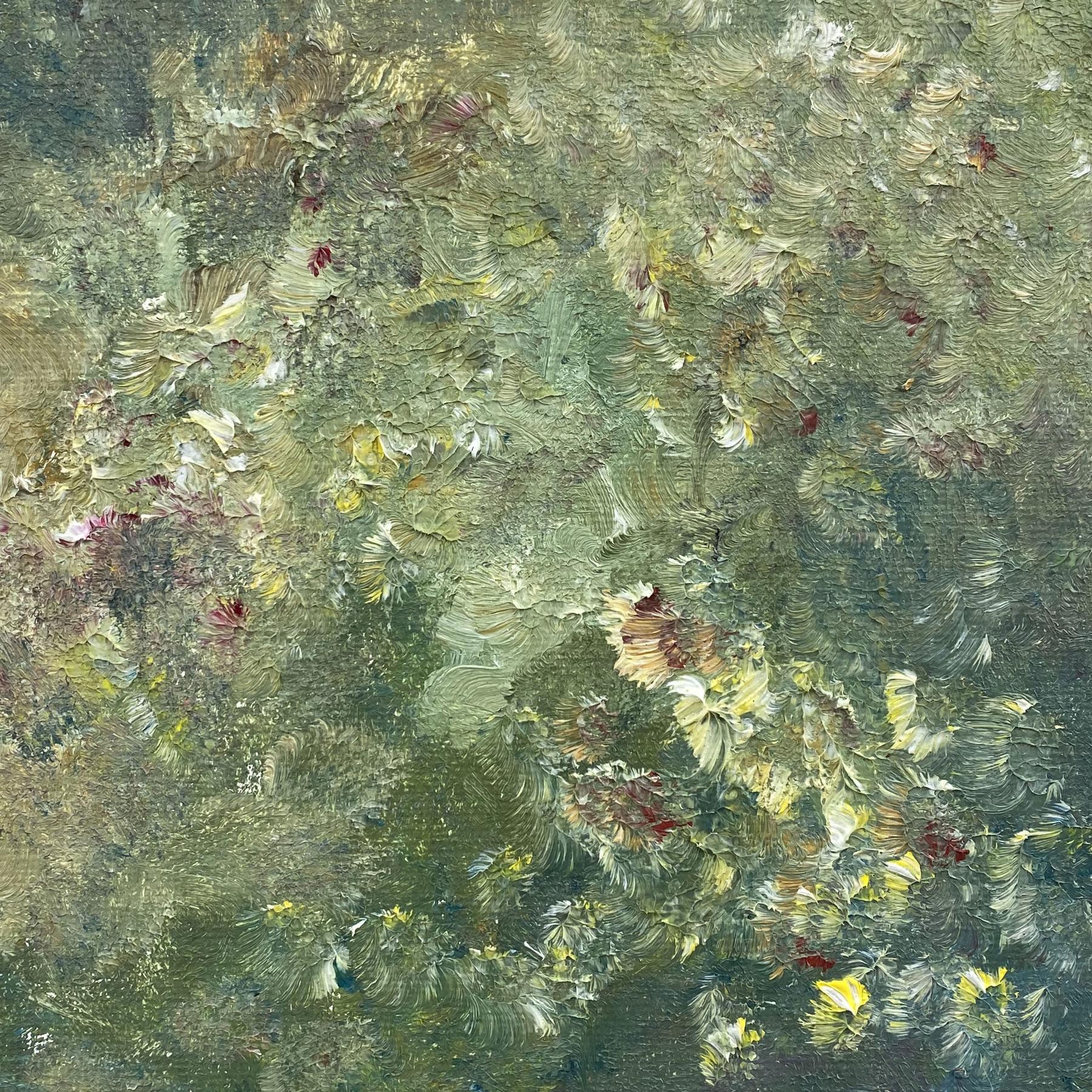 Oil painting of dense green foliage with yellow flecks, worked with a palette knife