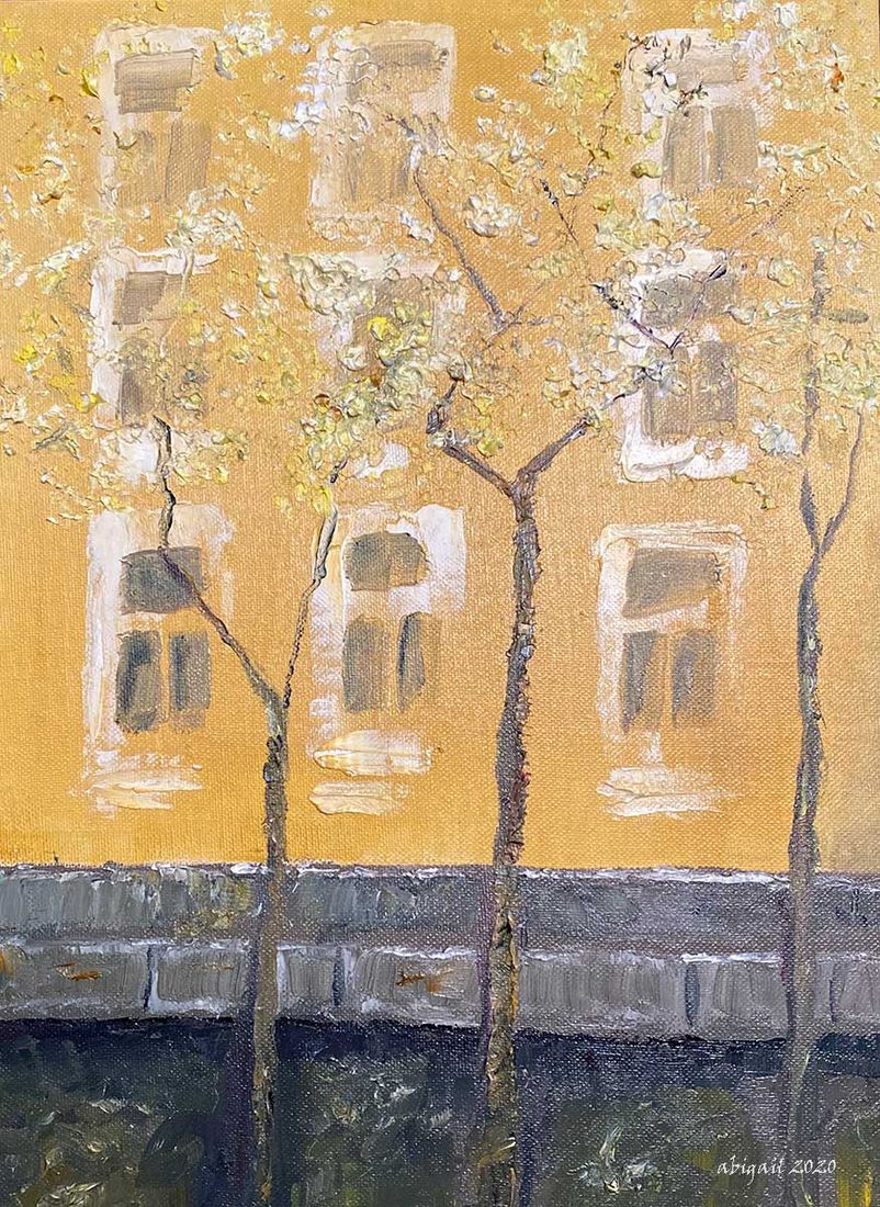 Oil painting of a yellow apartment facade in Torshov, Oslo, seen through blossoming trees above a stone wall