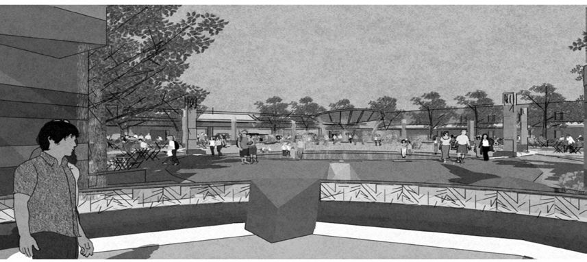 Model view across the fountain
