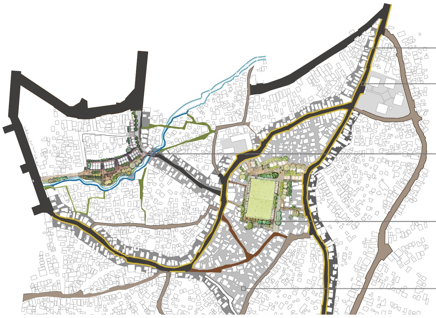 The master plan: hub, streets and watercourse