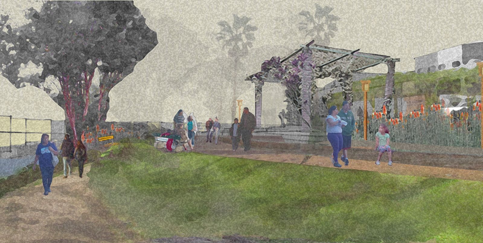 The watercourse trail and gathering spaces