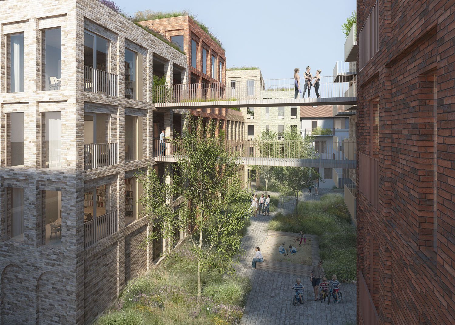 The courtyard between the blocks, with walkways linking the buildings