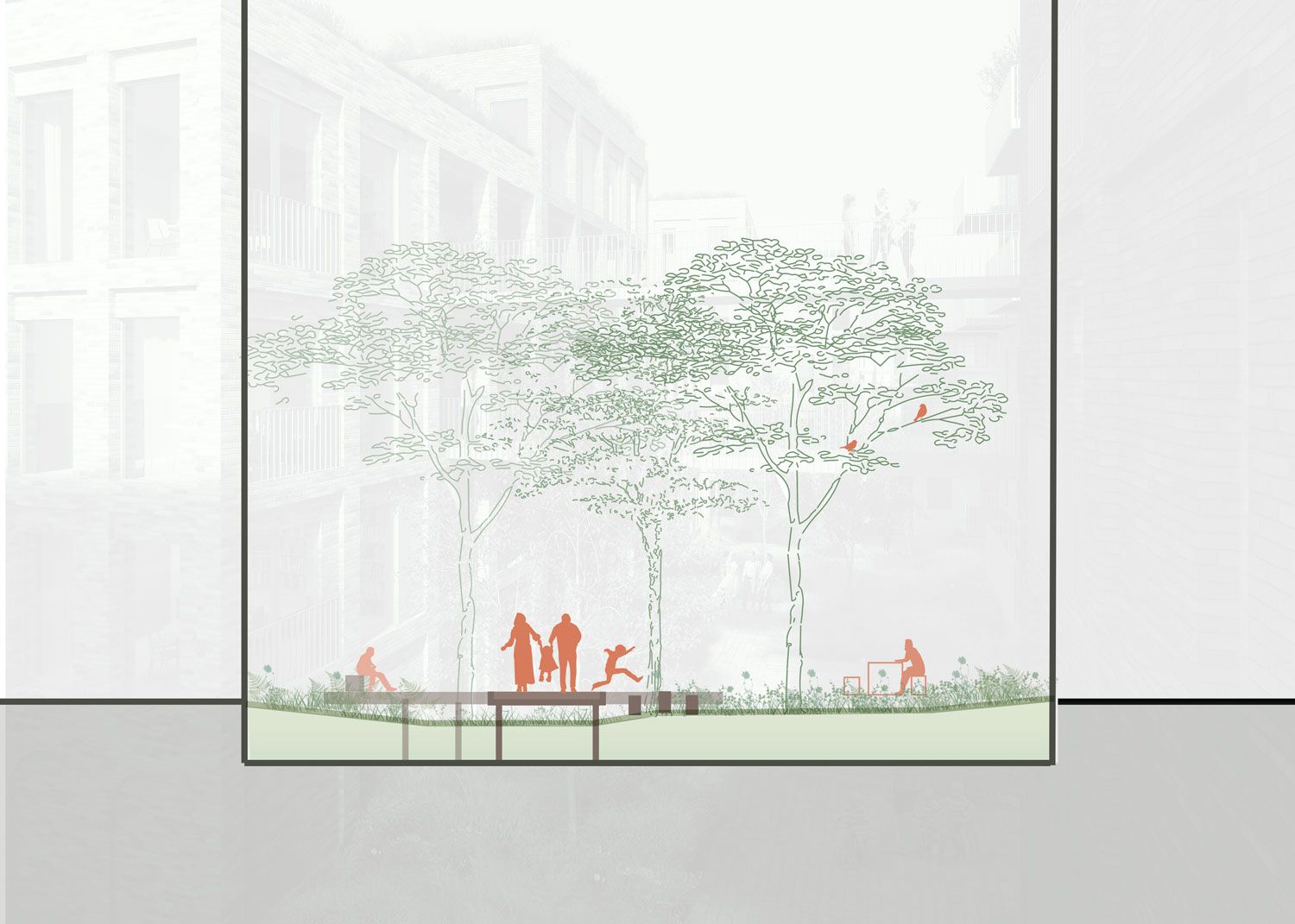 Section through the courtyard: trees, play and places to sit