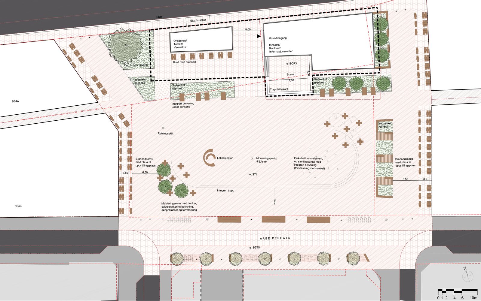 Plan of the square, from Arbeidergata to the library and stage