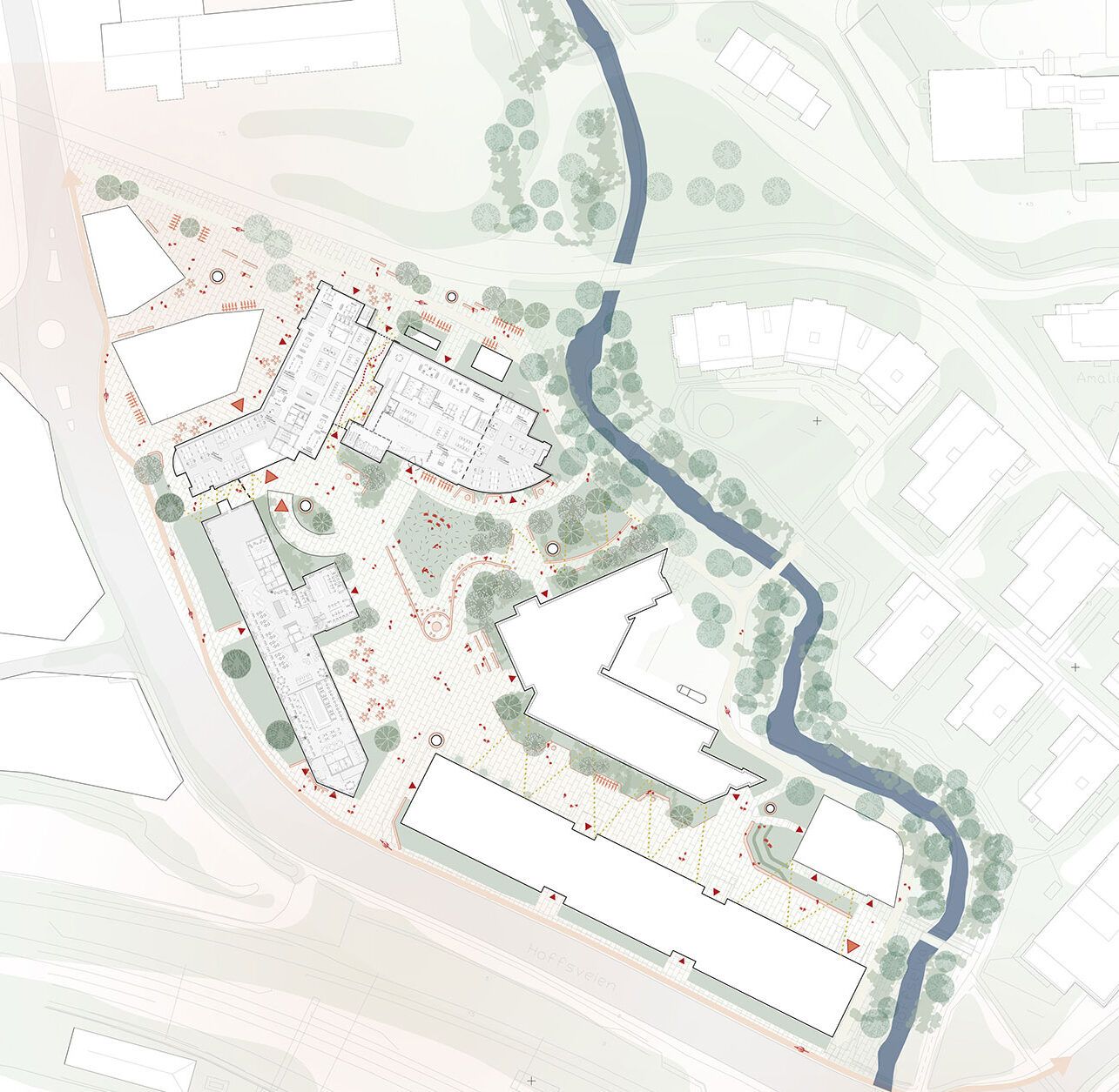 Illustrative plan, with the stream through the site
