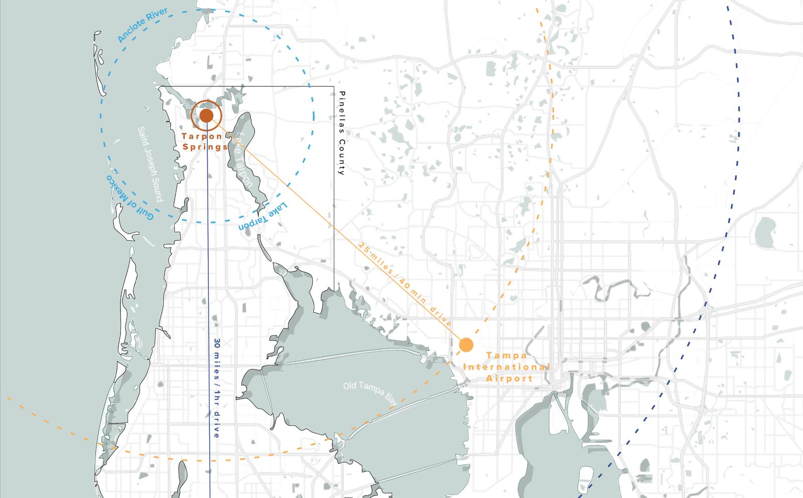 Tarpon Springs in context, 25 miles and 40 minutes from Tampa International Airport
